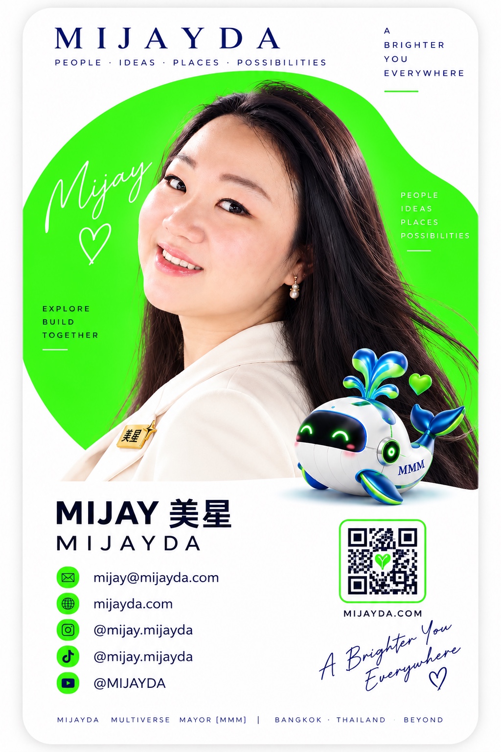 MIJAY 美星 smiling beside the MMM whale mascot against MIJAYDA neon green, from the supplied contact artwork.