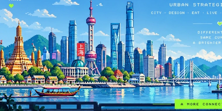 City landmarks beside the water, a detail from the MIJAYDA artwork