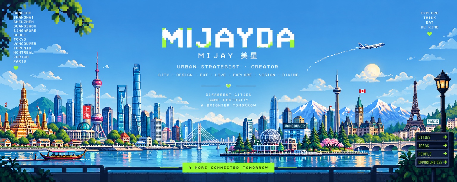 MIJAYDA pixel-art panorama: blue sky over Asian and Western city landmarks, a waterfront and mountains, with MIJAY 美星 and Urban Strategist · Creator in the sky.